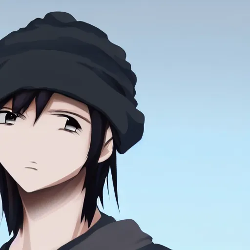 Prompt: A close-up of an anime boy, wearing a soft black beanie, by naranbaatar ganbold, Trending on artstation, 8k quality, detailed facial features