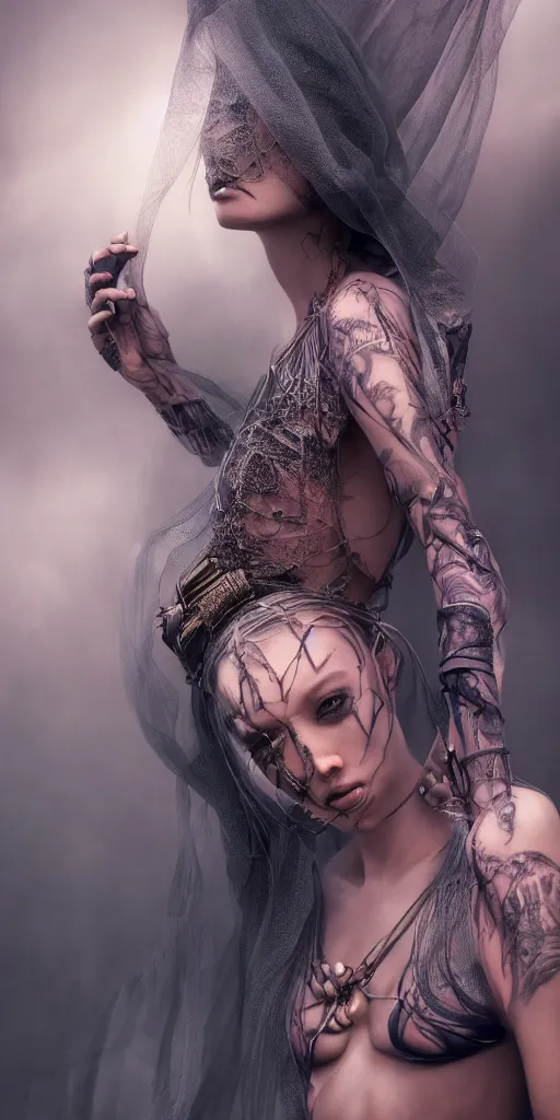 Image similar to hyperrealistic futuristic high fashion photography, girl in studio, by luis royo, asian, vogue magazine, nomad masterpiece, neon lights, smoke, covered in veils, beautiful intricate face and flawless skin, tribal jewelry, tattoos, by Edgar Maxence and Ross Tran and Michael Whelan, 8k, octane render