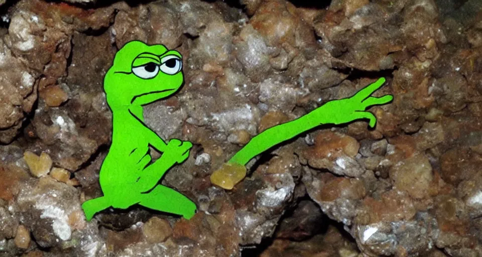 Image similar to pepe in a cave digging crystals