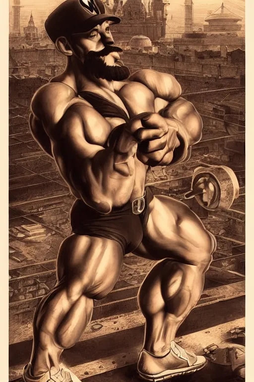 Image similar to gigachad luigi bodybuilder in the factoryby ilya kuvshinov, ernest khalimov body by krista sudmalis, super mario bros symmetrical face concept art, hyper realistic, intricate, elegent, highly detailed, digital painting, concept art, smooth, sharp, focus, illustration, art by artgerm and greg rutkowski and alphonse mucha, artstation