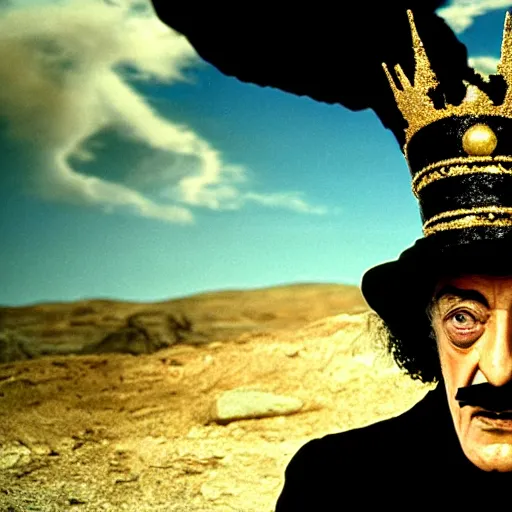 Prompt: salvador dali wearing a black costume with jewels and golden crown, in a dry rocky desert landscape, visible sky and sunny atmosphere, fata morgana film still from the movie by alejandro jodorowsky with cinematogrophy of christopher doyle and art direction by hans giger, anamorphic lens, kodakchrome, very detailed photo, 8 k