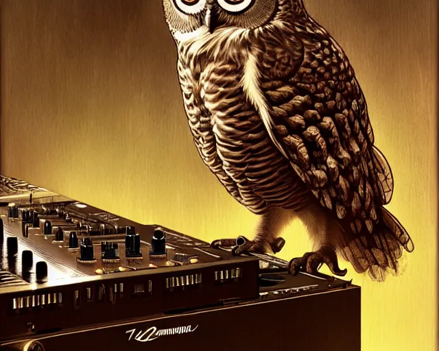 Image similar to anthropomorphic dj owl mixing on stage, diffuse lighting, fantasy, intricate, elegant, highly detailed, lifelike, photorealistic, digital painting, artstation, illustration, concept art, smooth, sharp focus, art by john collier and albert aublet and krenz cushart and artem demura and alphonse mucha