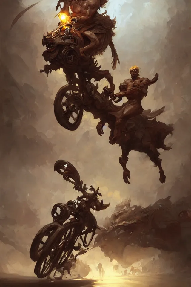 Prompt: A beautiful oil cartoony painting of a happy Remi Malek riding a tricycle by Lucas Graciano, Frank Frazetta, Greg Rutkowski, Boris Vallejo, epic fantasy character art, high fantasy, Exquisite detail, post-processing, low angle, masterpiece, cinematic