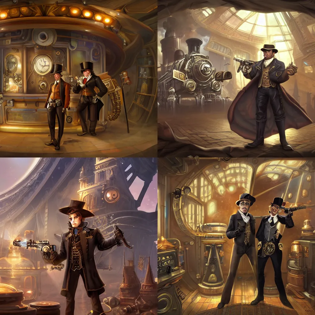 Prompt: a noble man in hat in the center, posing with revolver on steampunk spaceship on background, by tyler edlin and lindsey look, victorian, steam romance, adventure, jonathan winterhart, detailed, 4k resolution, trending on artstation