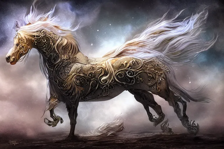 Image similar to a wlop 3 d render of very very very very highly detailed beautiful mystic portrait of a phantom undead horse with whirling galaxy around, tattoos by anton pieck, intricate, extremely detailed, digital painting, artstation, concept art, smooth, sharp focus, illustration, intimidating lighting, golden details, incredible art,