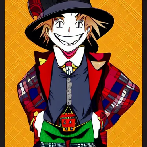 Image similar to The Madhatter as a Manga Character, Scottish Tartan on Hat, Very Large Grin, Depth of Field, 35mm + Art by Rieko Saibara