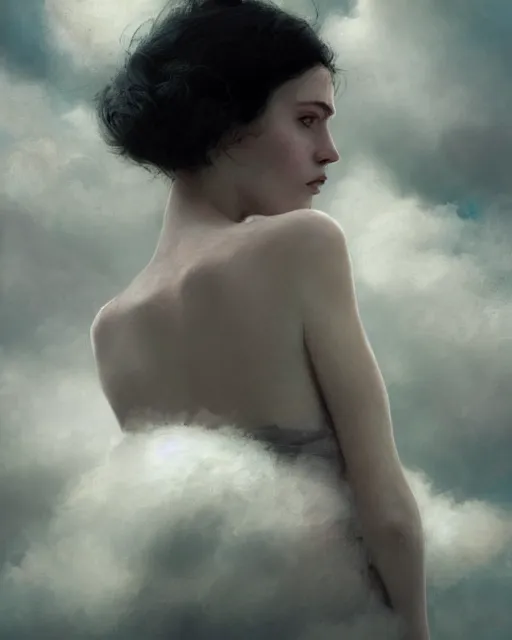 Prompt: half body portrait of juliana, floatint in the clouds, black hair, freckles, pale skin, photo by greg rutkowski, high fashion, female beauty, intricate detail, elegance, sharp shapes, soft lighting, vibrant colors, masterpiece