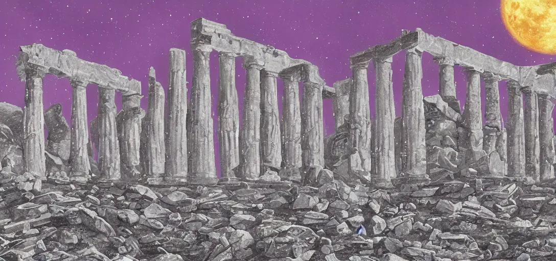 Image similar to The ruins of the Silver Millennium on the moon from Sailor Moon, digital painting, Earth in the distance, Greek-esque columns and ruins