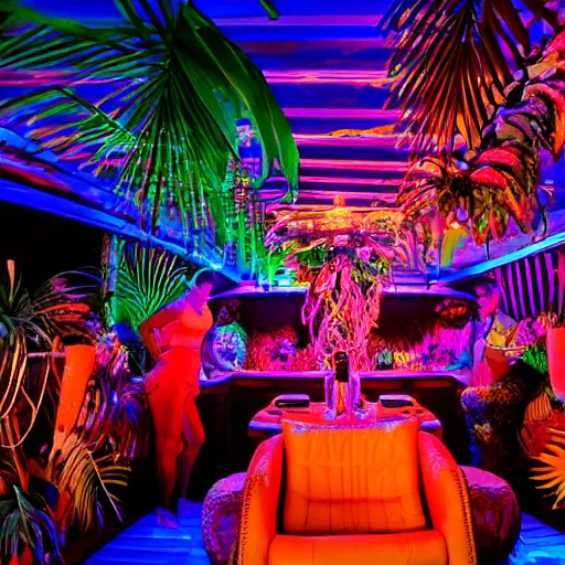 Prompt: vice media photo, inside a crowded luxury stylish high-end gorgeous intricate highly-themed synthwave tiki party onboard a yacht with low ceilings, tropical plants, neon lights, blue color scheme with pink and orange accents, crowd of people dancing, ultra-detailed, 8k, photorealistic