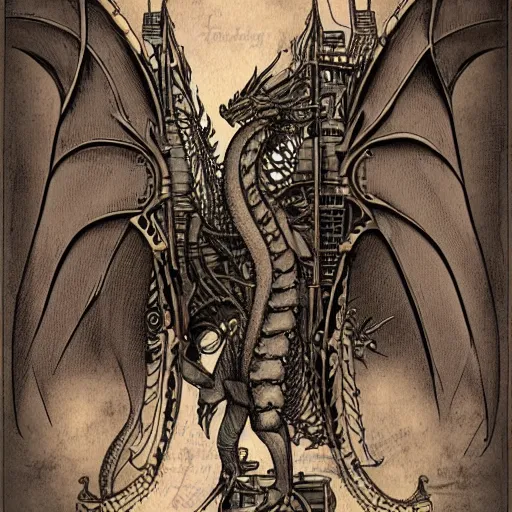 Image similar to a dragon with steam punk machine on it's side, book illustration