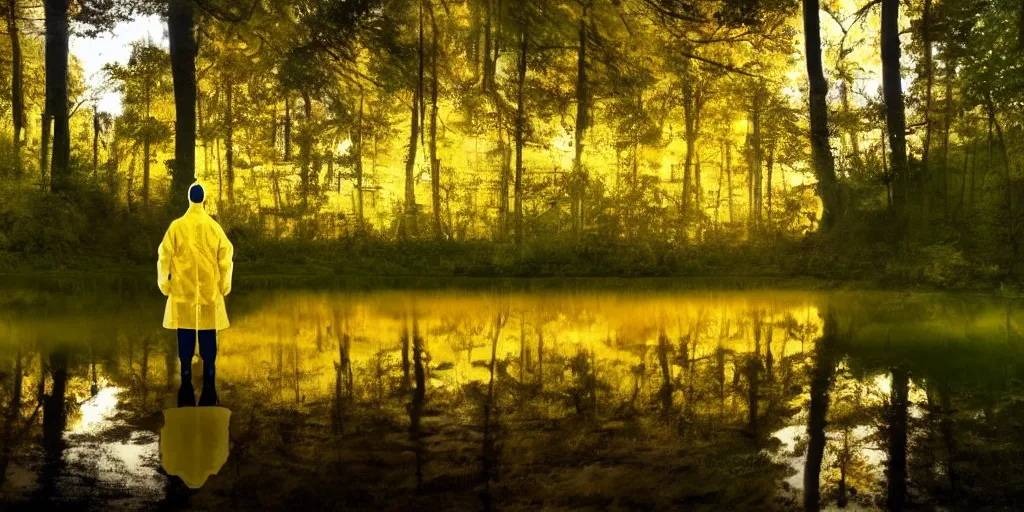 Prompt: a man in a yellow hazmat suit stands in a small lake with reflections in a detailed forest, painting, concept - art, rendering, octane, redshift, cinematic composition, volumetric lighting