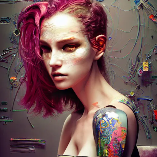 Image similar to the portrait of an absurdly beautiful, graceful, elegant, sophisticated, fashionable cyberpunk gravure idol, an ultrafine hyperdetailed illustration by kim jung gi, irakli nadar, hanna moon, intricate linework, bright colors, collage, porcelain skin, unreal engine 5 highly rendered, global illumination, radiant light, detailed and intricate environment