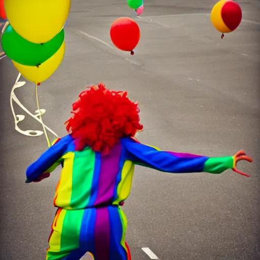 Prompt: a clown running away from a giant clown there are rainbows and balloons and colors everywhere