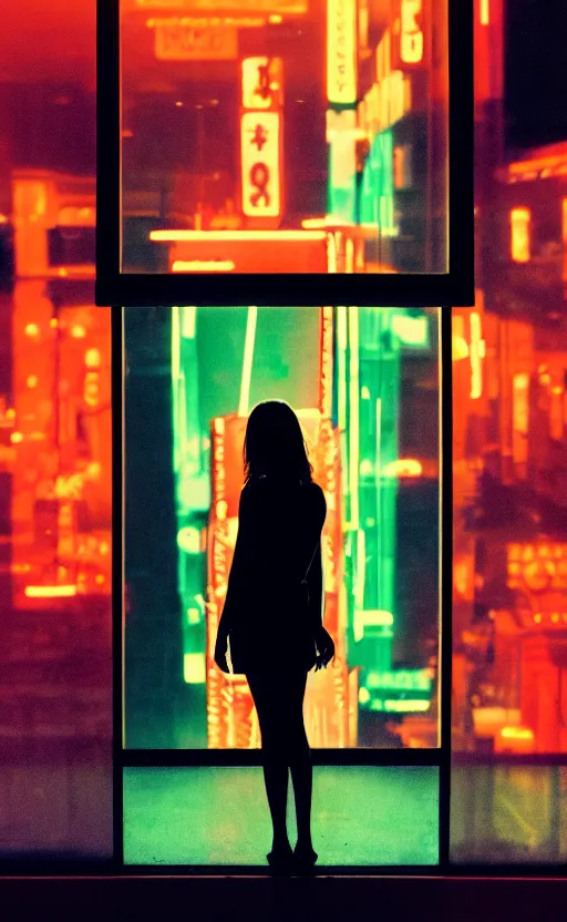 Image similar to vertical movie frame, silhouette of a girl in 7 0's retro club, editorial, fashion, neon - decorated urban on night in the city seen through the window, modern architecture design, vintage, night, blade runner, dark, clean lines, asian futuristic city at distance, big windows, octane, wide angle