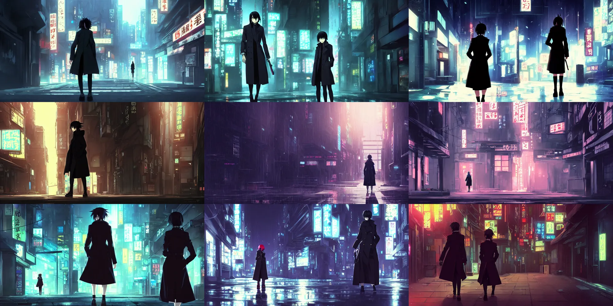 Prompt: a high definition screenshot from the detective noir noir ( cyberpunk ) anime anime film ; a cinematic shot of a alone alone alone alone lonely alone female detective in a trenchcoat investigating a dark dark alleyway, digital painting by ( ( makoto shinkai ) ), martin ansin, trending on artstation