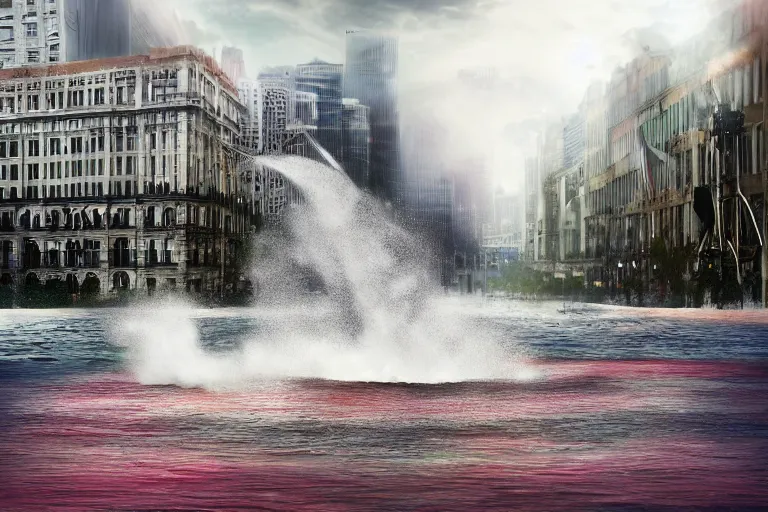 Image similar to water tornado in the city, ultra realistic, photorealistic, highly detailed, sharp focus, vivid, colorful