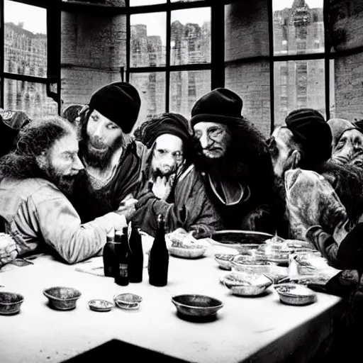 Prompt: Award Winning Editorial Masterpiece picture of a Tramps in a new York Soup Kitchen by David Bailey CBE, The Last Supper