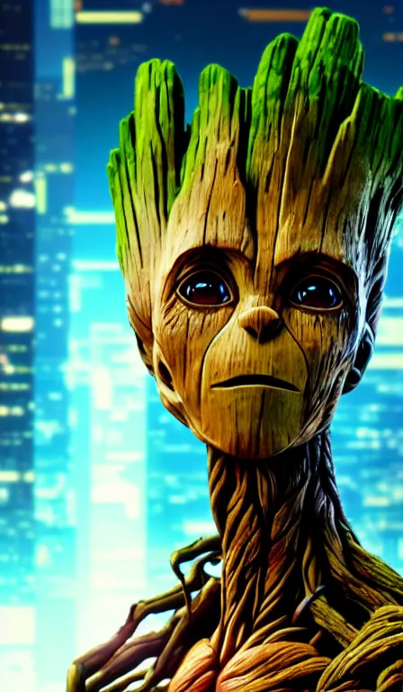 Prompt: anime fine details portrait of Groot in front of cyberpunk moder city landscape on the background deep bokeh, close-up view, anime masterpiece by Studio Ghibli. 8k, sharp high quality anime, artstation