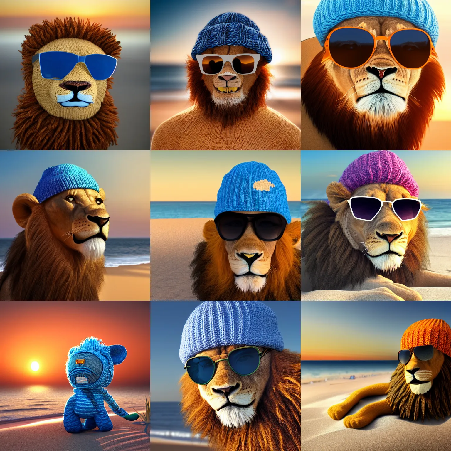 Prompt: a photorealistic picture of a knitted smiling male lion wearing blue sunglasses and a beanie cap at the beach during sunset Trending on Artstation, featured on Behance, well-rendered, fine detail, extra crisp image, Unreal Engine, 4K HD