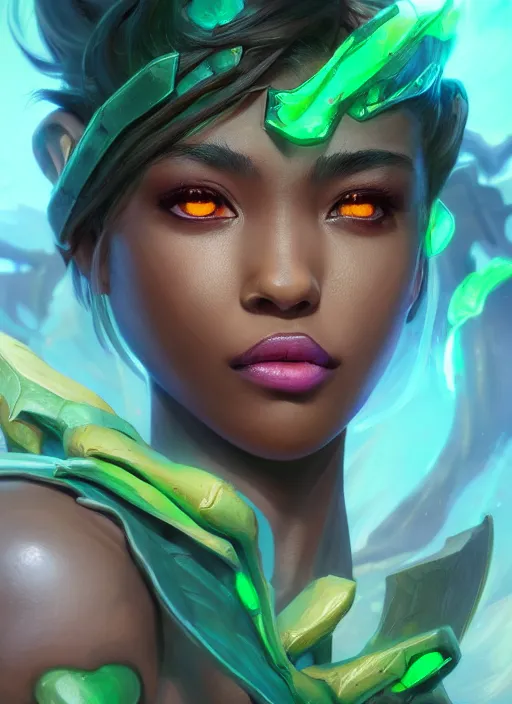 Image similar to senna from league of legends, au naturel, hyper detailed, brown skin, glowing green neon eyes, digital art, trending in artstation, cinematic lighting, studio quality, smooth render, unreal engine 5 rendered, octane rendered, art style by klimt and nixeu and ian sprigger and wlop and krenz cushart