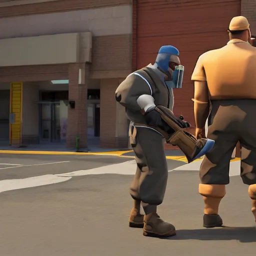 Image similar to heavy from team fortress 2 in real life outside a walmart, dslr, 8 k, octane beautifully detailed render, warm mood, cinematic lighting, detailed photo, masterpiece, volumetric lighting, ultra realistic, highly detailed, high quality, lossless, photorealistic