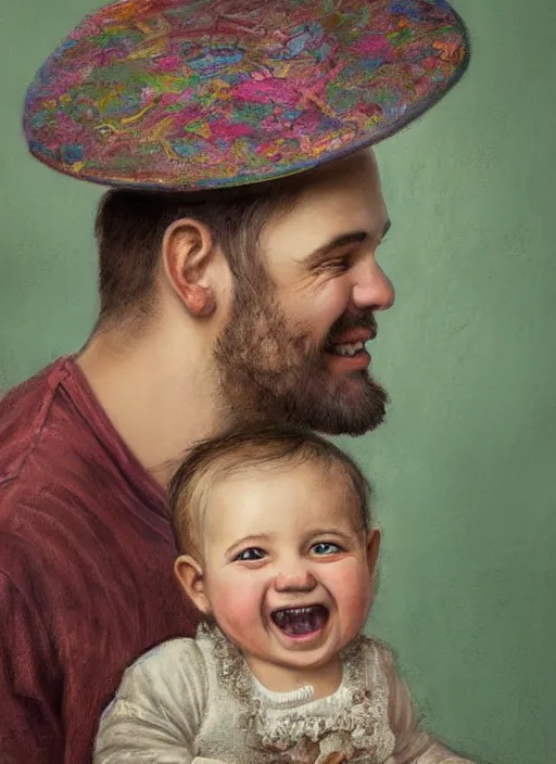 Prompt: half-lenght portrait of a father with a beautiful child, smiling at each other, wearing a hat overgrown by maximalist baroque rococo mixed media. vibrant textures. matte matte background in pastel tones. highly detailed. sharp focus. HD 8x
