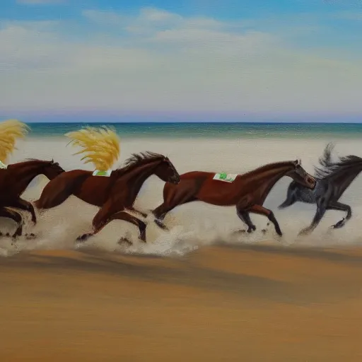 Prompt: oil painting of stallions galloping across the beach