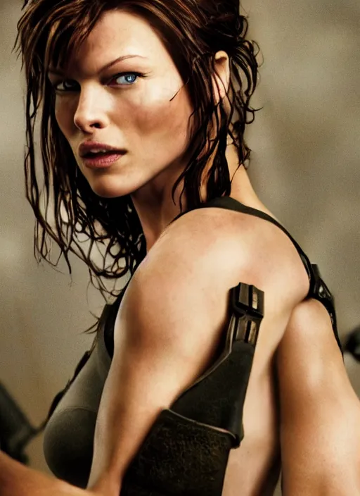 Image similar to portrait of mila jovovich as lara croft, by charlotte grimm, natural light, detailed face, beautiful features, symmetrical, canon eos c 3 0 0, ƒ 1. 8, 3 5 mm, 8 k, medium - format print, half body shot