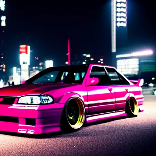 Image similar to a car JZX100 twin turbo drift at illegal car meet, Shibuya prefecture city midnight mist lights cinematic lighting photorealistic highly detailed wheels, high detail