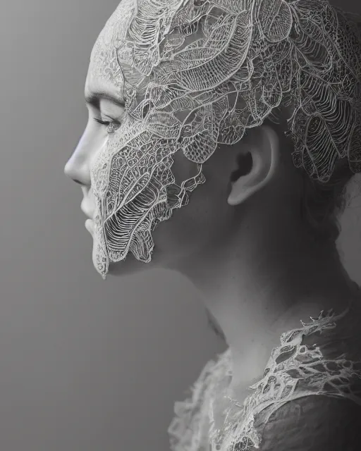 Prompt: a 3 0 year old woman's face in profile, made of intricate decorative lace leaf skeleton, in the style of the dutch masters and gregory crewdson, dark and moody, depth of field