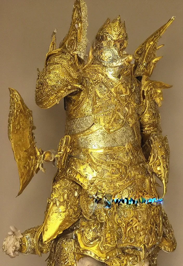 Prompt: holy knight wearing golden and white intricate armour, wings on the helm, fantasy