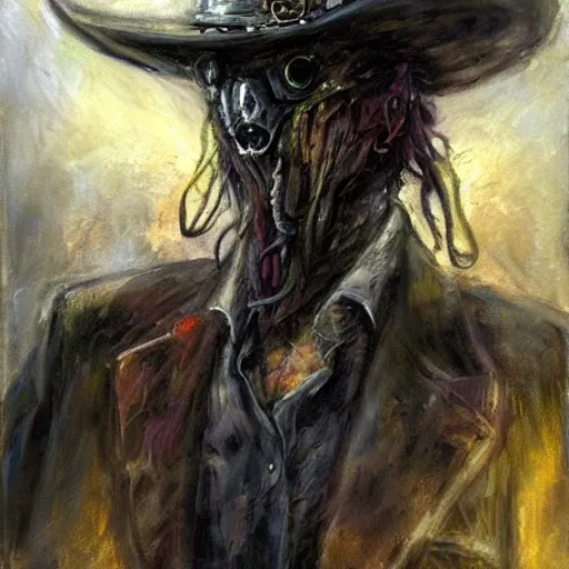 Prompt: portrait of a corrupted eldritch cowboy in a scenic environment by henry asencio, steampunk, lovecraftian, oldwest, abomination, tentacles, eyes