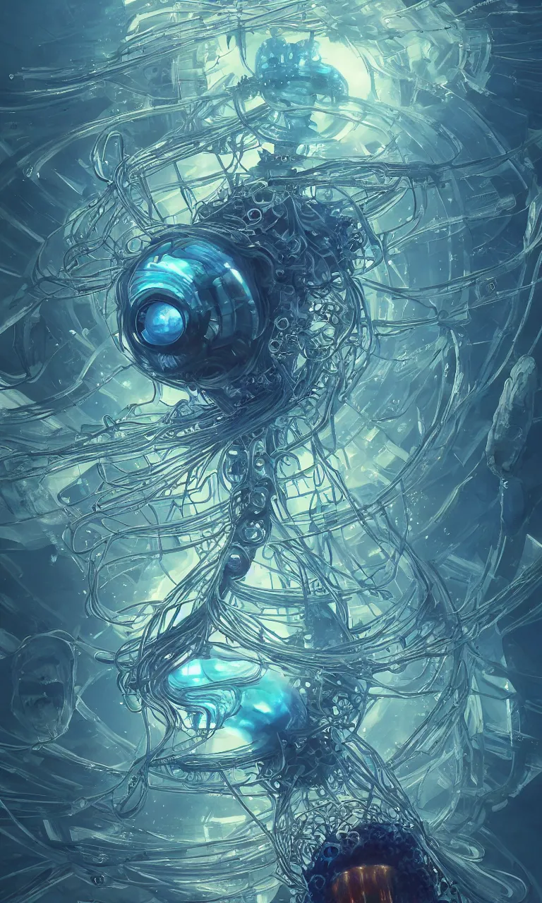 Image similar to Panorama hyper detailed painting of a cyberpunk jellyfish, blue tones, underwater, 8 mm, highly detailed, digital painting, artstation, concept art, smooth, sharp focus, illustration, art by artgerm and greg rutkowski and alphonse mucha