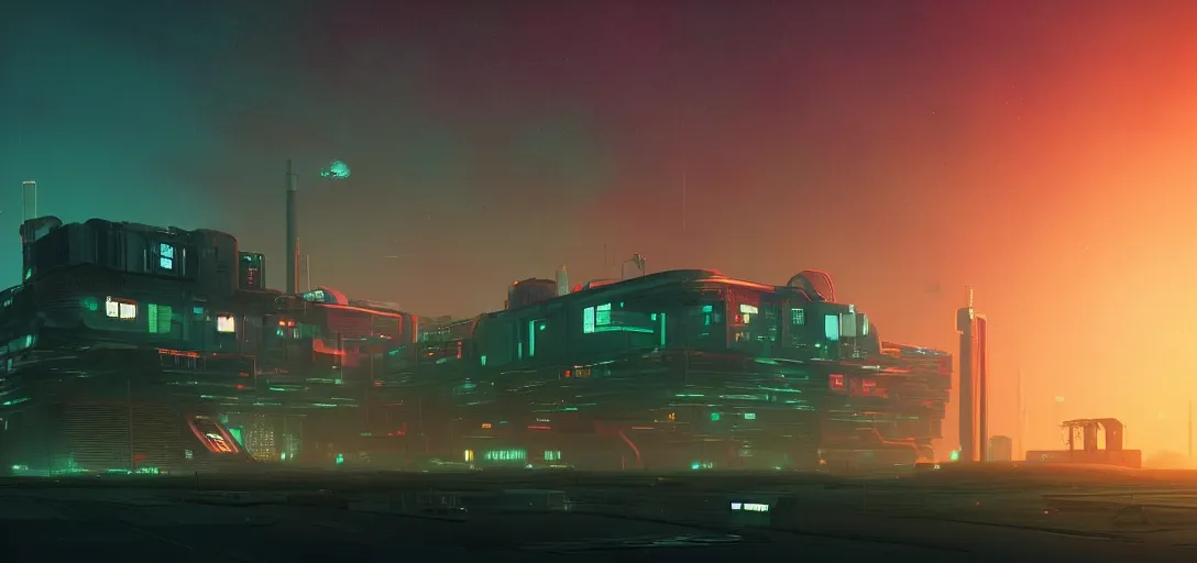 Image similar to futuristic abandoned cyberpunk brutalist power station at night, ray tracing, sci - fi, galaxy sky, digital art by beeple and simon stalenhag