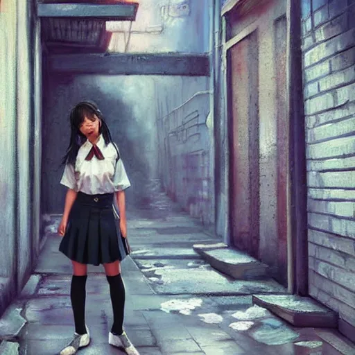 Image similar to a perfect, realistic professional oil painting of a Japanese schoolgirl posing in a dystopian alleyway, style of Marvel, full length, by a professional American senior artist on ArtStation, a high-quality hollywood-style concept