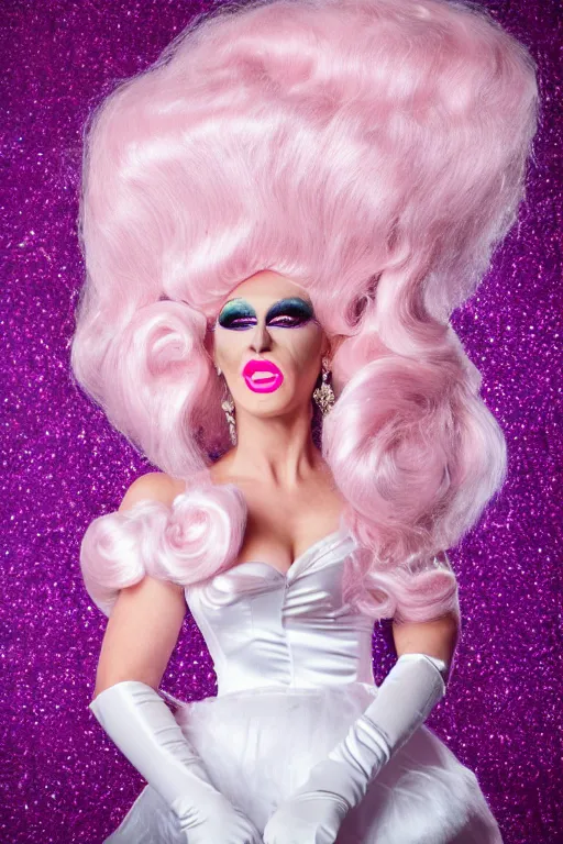 Image similar to 4k detailed portrait of a drag queen (man in drag) wearing: heavy drag makeup, pink glitter mermaid gown, white satin gloves, huge pink wig with bouffant hairdo and decorated with a hairbow, pink 7 inch high heels