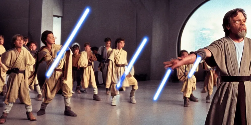 Image similar to A full color still of Mark Hamill as Jedi Master Luke Skywalker training a diverse room of young Jedi padawans, with large windows showing a sci-fi city outside, at dusk at golden hour, from The Phantom Menace, directed by Steven Spielberg, 1997