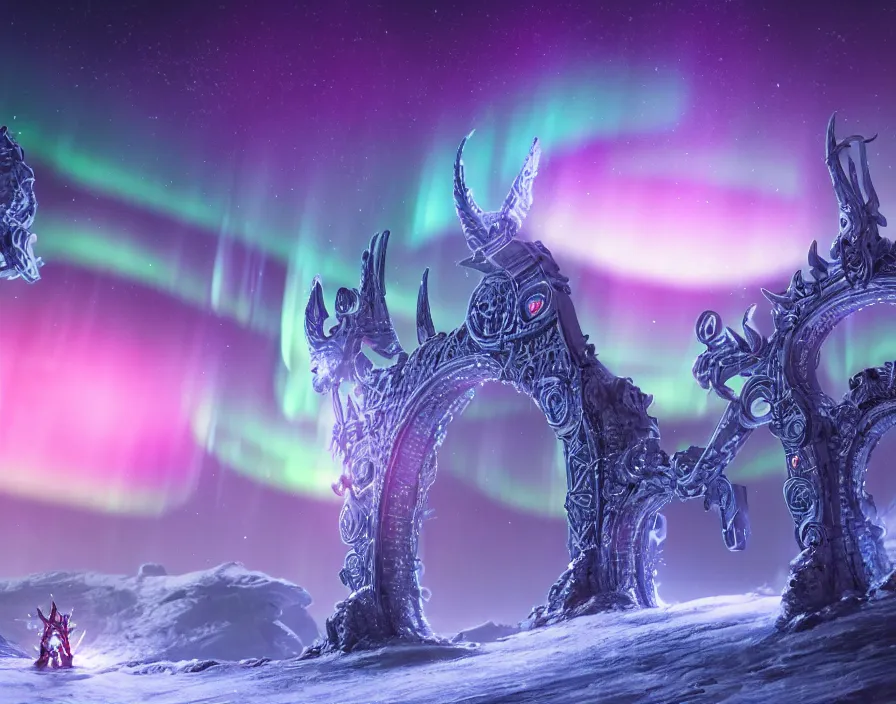 Image similar to a very detailed concept art of intricate and well designed eldar gates to north pole, infused with aurora borealis, dynamic lighting, trending on artstation, path traced, highly detailed, high quality, digital painting, digital art, 4 k, hyper realistic, octane render, sharp focus