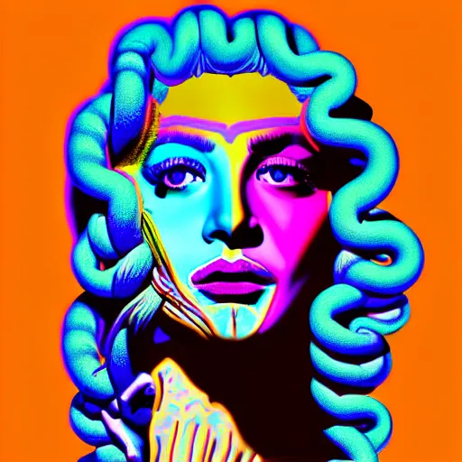 Image similar to an extremely psychedelic portrait of medusa as andy warhol, surreal, lsd, face, detailed, intricate, elegant, lithe, highly detailed, digital painting, artstation, concept art, smooth, sharp focus, illustration