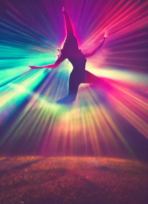 Image similar to female ascending into the sky, glowing aura, motion blur, out of focus, film grain, cinematic lighting, experimental film, shot on 1 6 mm, crepuscular rays