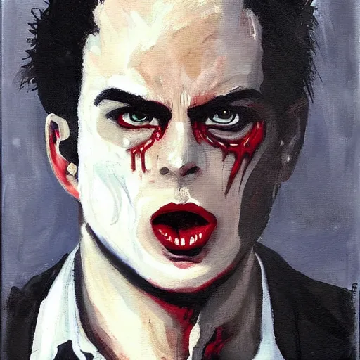 Prompt: a modern painting of a conman turned vampire, in the style of tim bradstreet, sharp focus, realism