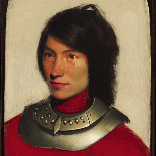 Prompt: head and shoulders portrait of a female knight, inuit, tonalist, symbolist, realistic, ambrotype, baroque, lorica segmentata, detailed, modeled lighting, palette knife, viridian and venetian red, angular, squinting, raven