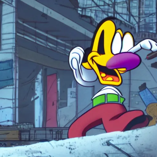Prompt: goofy fights against the patriarchy in a post apocalyptic city realistic 4 k