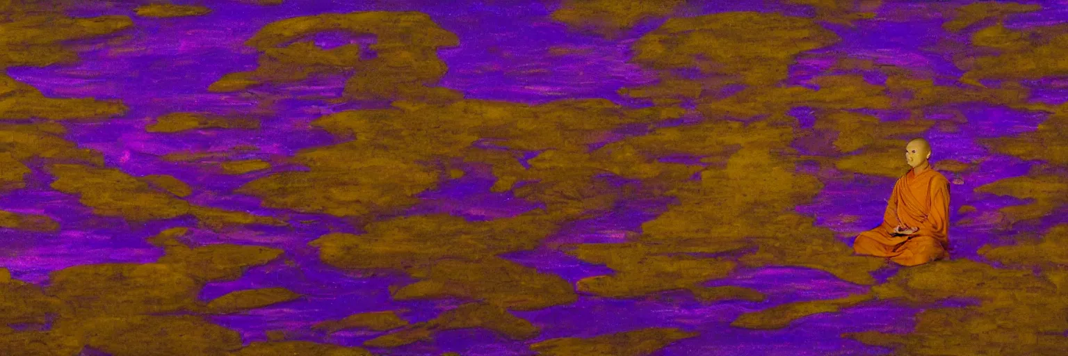 Prompt: a dark silhouette of a meditating monk on the river bank, pulsating waves of violet - gold energy emanate from the monk, hyper derailed 8 k,