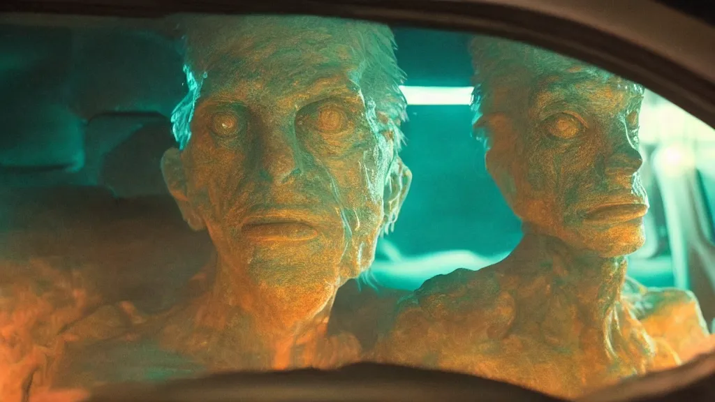 Image similar to the creature sits in a car, made of glowing wax, they look me in the eye, film still from the movie directed by Denis Villeneuve and David Cronenberg with art direction by Salvador Dalí, wide lens