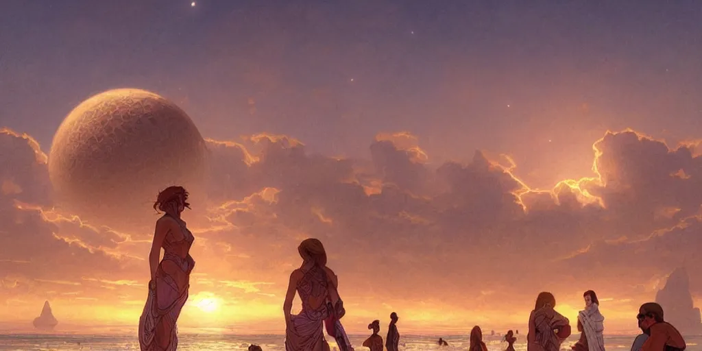 Image similar to a few people watching sunset on a beach with a close planet looming above the sky, intricate, highly detailed, digital painting, trending on artstation, concept art, smooth, illustration, cinematic lighting, art by artgerm and greg rutkowski and alphonse mucha