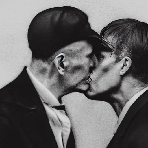 Image similar to benjamin netanyahu kissing tommy shelby, photorealistic, detailed