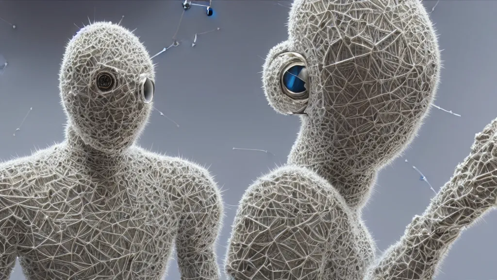 Image similar to a cybernetic symbiosis of a single astronaut eva suit made of pearlescent wearing knitted yarn thread infected with diamond 3d fractal lace iridescent bubble 3d skin covered with stalks of insectoid compound eye camera lenses floats through the living room, film still from the movie directed by Denis Villeneuve with art direction by Salvador Dalí, wide lens,