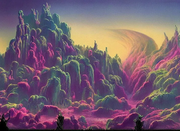 Prompt: pleasing misty neonbarf palette. intricate sharp spikes riddle this puzzling landscape, it's too detailed. rhythmically complex wonderland matte painting from painterly fantasia ( 1 9 4 1 )