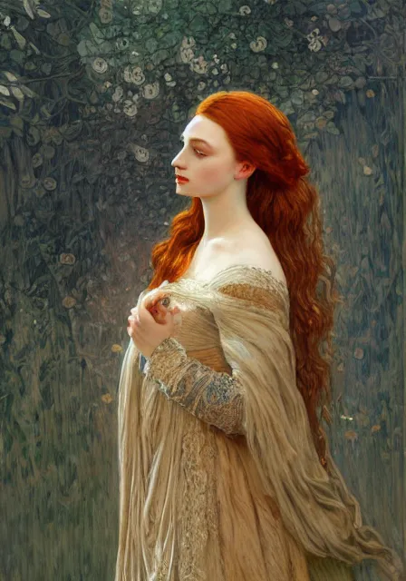 Image similar to sansa, intricate, elegant, highly detailed, digital painting, artstation, concept art, smooth, sharp focus, illustration, pre - raphaelite style, mucha, monet
